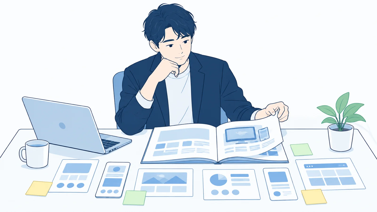 自社プロダクトの事例集を読むイラスト