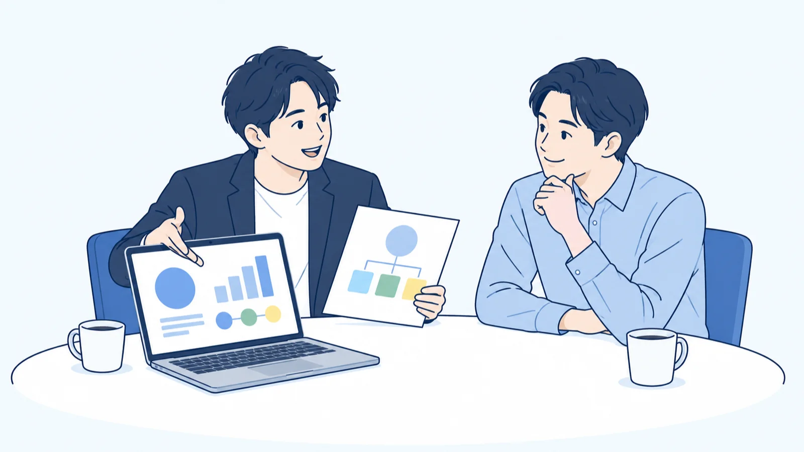 取引先に有料モニターを提案するイラスト