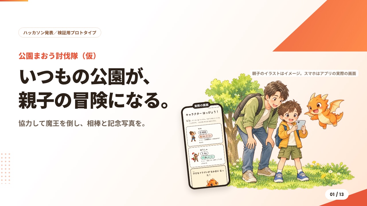 公園まおう討伐隊（仮）の発表スライドの表紙。「いつもの公園が、親子の冒険になる。」という見出しと、アプリの実際の画面
