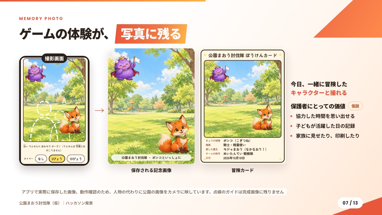 公園まおう討伐隊（仮）の発表スライド。撮影画面と、保存される記念画像、冒険カードの3つが並んでいる